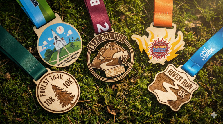 5 wooden medals lay on a mossy floor